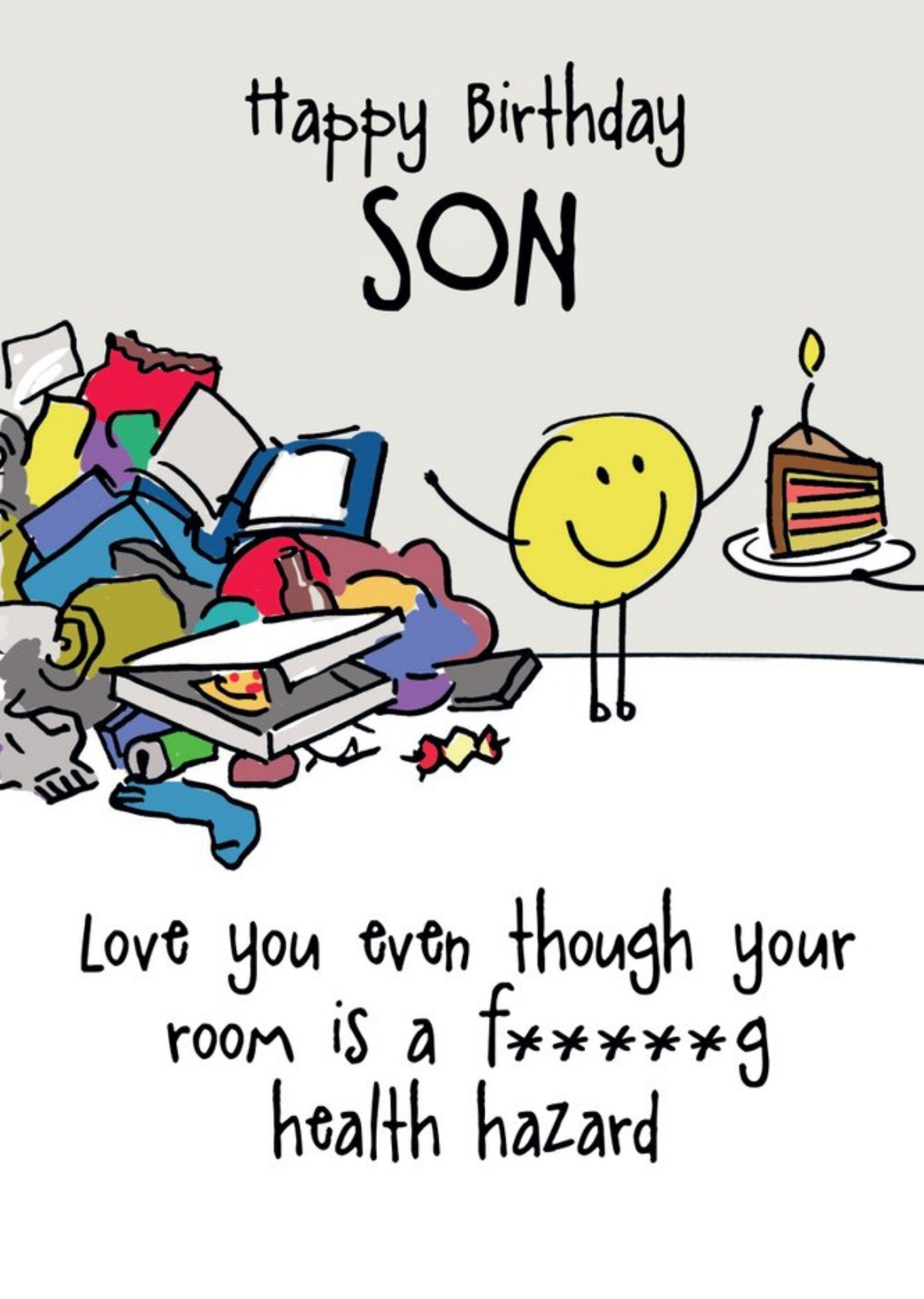 Moonpig Illustration Of A Yellow Character In A Messy Room Funny Son's Birthday Card Ecard