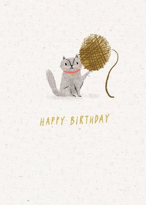 Modern Cute Cat Holding Ball Of Yarn Birthday Card
