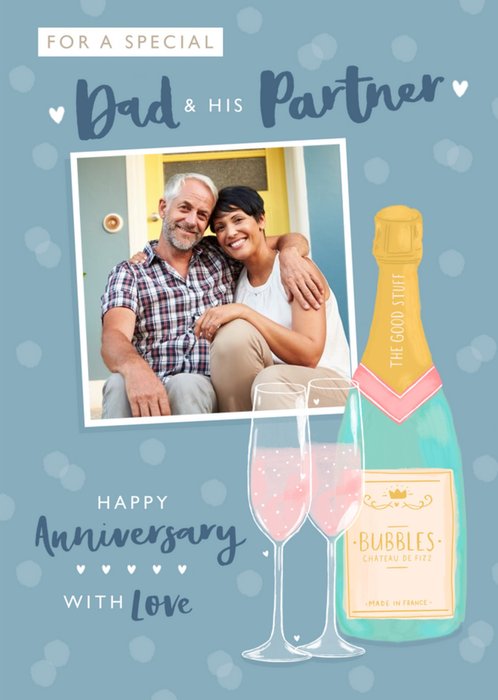 Dad And His Partner Champagne Bottle Illustration Photo Upload Anniversary Card