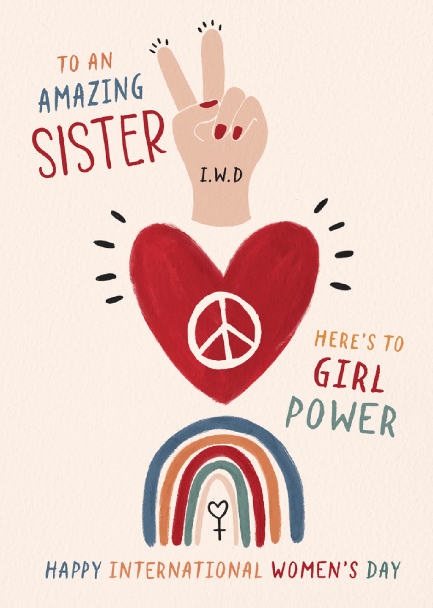 Moonpig Powerful Amazing Sister Hand Painted Girl Power Peace Signs International Womens Day Card, L