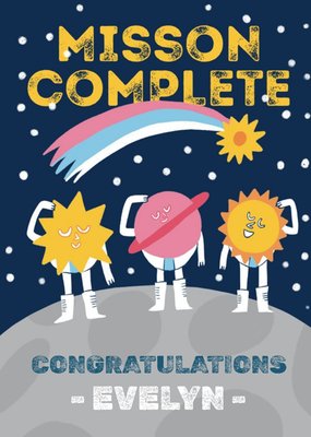 Space Themed Illustration Of Space Characters Standing On The Moon Congratulations Card