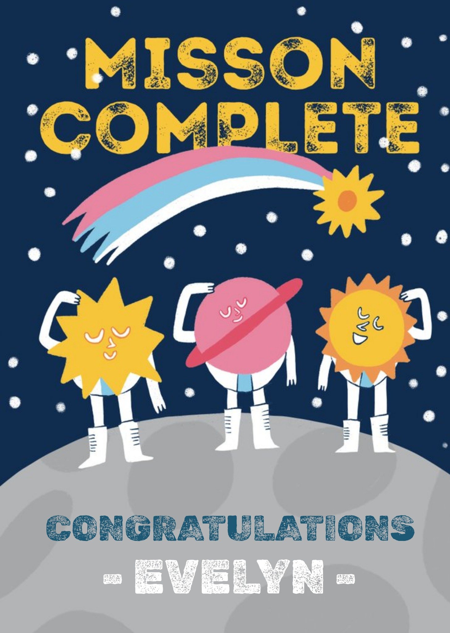 Moonpig Space Themed Illustration Of Space Characters Standing On The Moon Congratulations Card Ecar