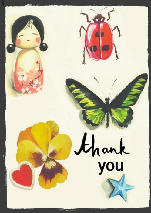Illustrated Flowers Doll Bugs Flowers Thank You Card