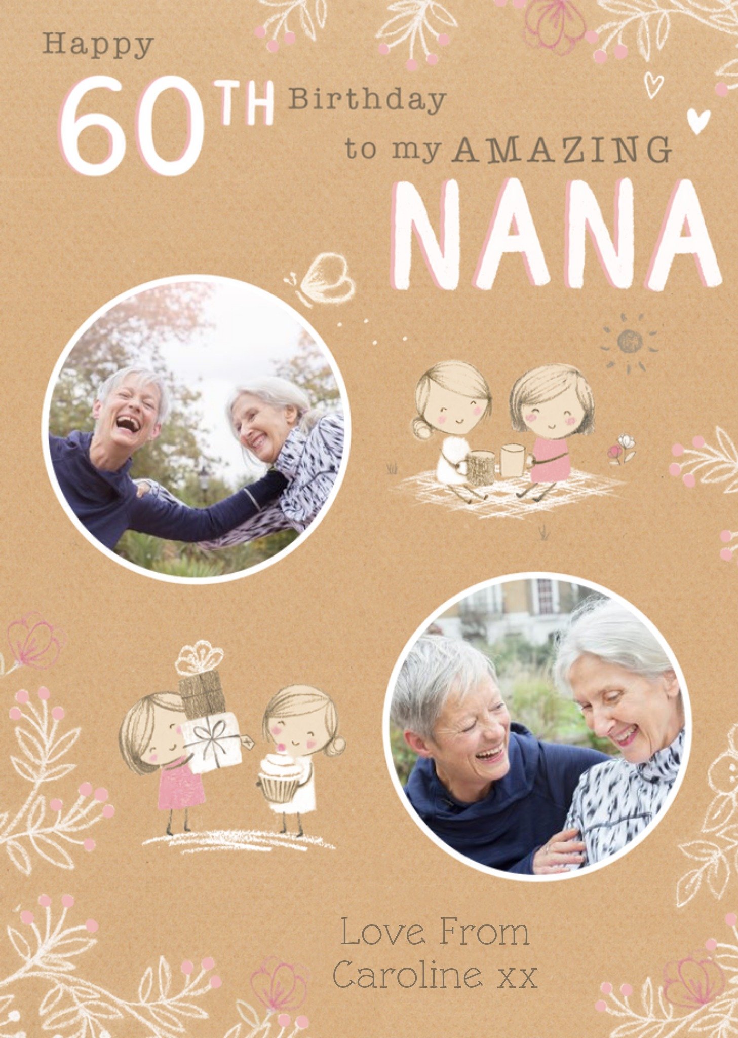 Moonpig Cute Quirky Illustrated Happy 60th Birthday Amazing Nana Photo Upload Card, Large