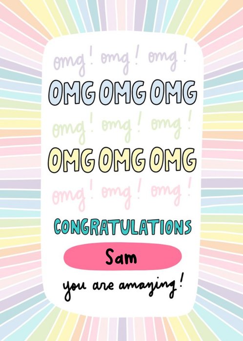 OMG Typography With A Rainbow Burst Border Illustration Personalised Congratulations Card