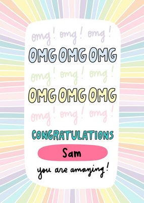 OMG Typography With A Rainbow Burst Border Illustration Personalised Congratulations Card