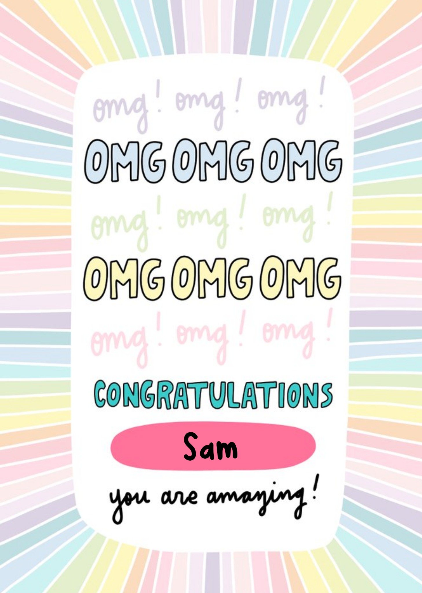 Omg Typography With A Rainbow Burst Border Illustration Personalised Congratulations Card Ecard