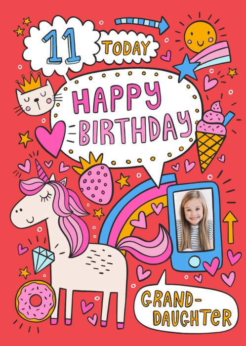 11 Today Happy Birthday Granddaughter Fun Doodle Photo Upload Card