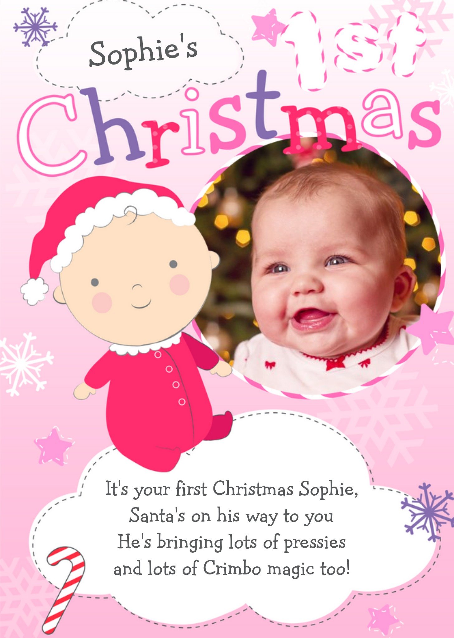 Moonpig Purple And Pink In The Clouds Personalised Photo Upload Baby's 1st Christmas Card Ecard