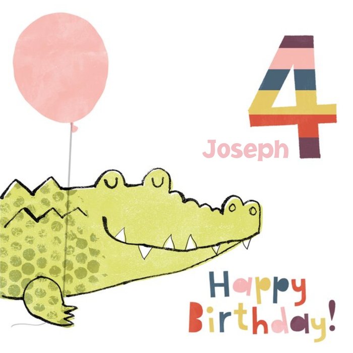 Crocodile With Balloon Personalised Happy 4th Birthday Card