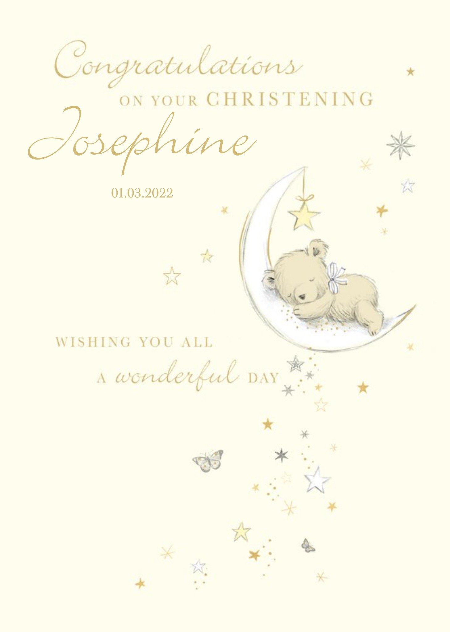 Illustrated Teddy Bear Moon Customisable Christening Card