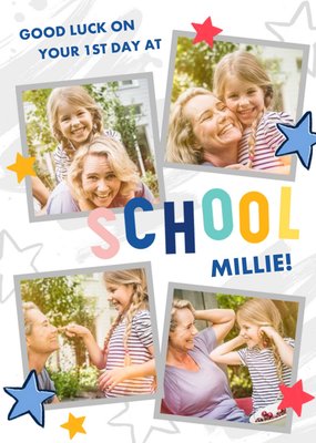 Photo Frames Surrounded By Colourful Stars First Day Of School Photo Upload Card