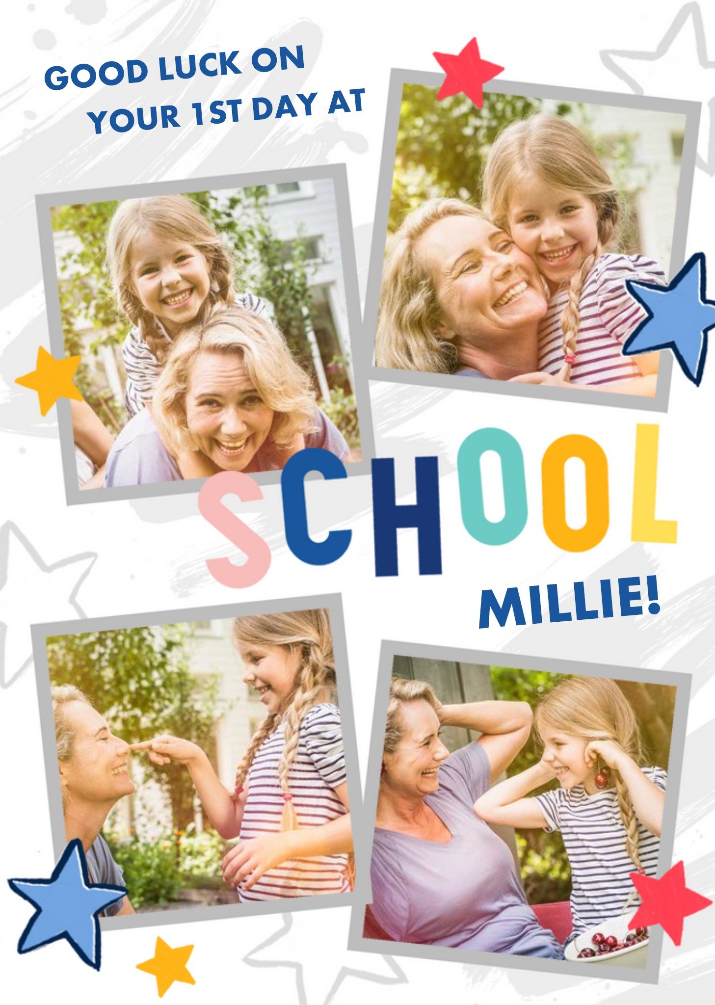 Photo Frames Surrounded By Colourful Stars First Day Of School Photo Upload Card Ecard