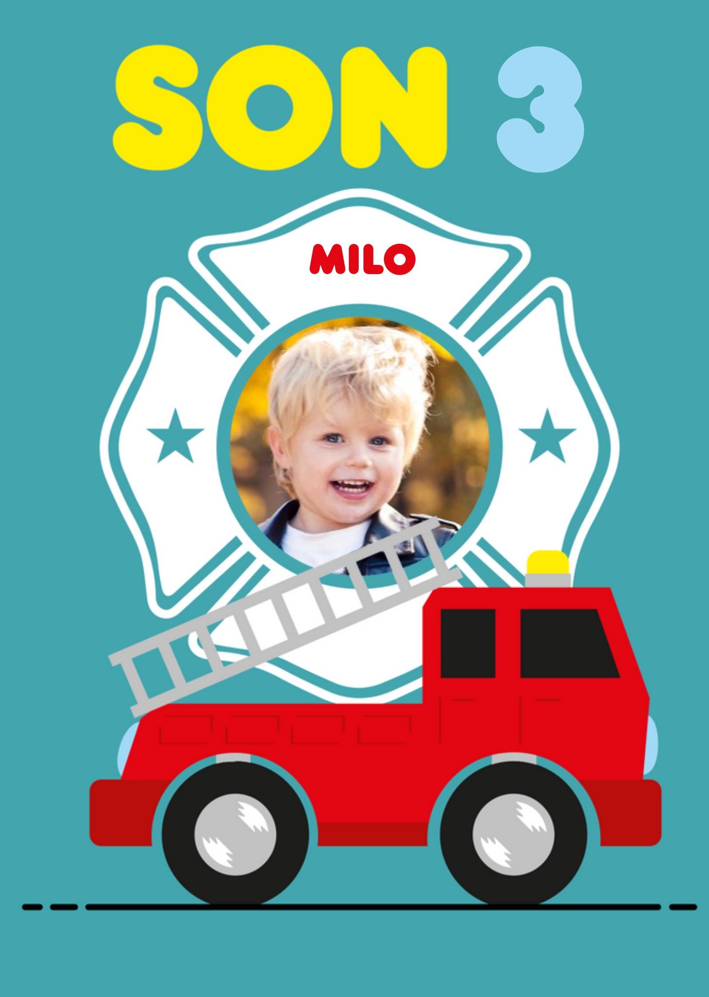Moonpig Simple Illustration Of A Fire Engine Son 3rd Birthday Photo Upload Card Ecard