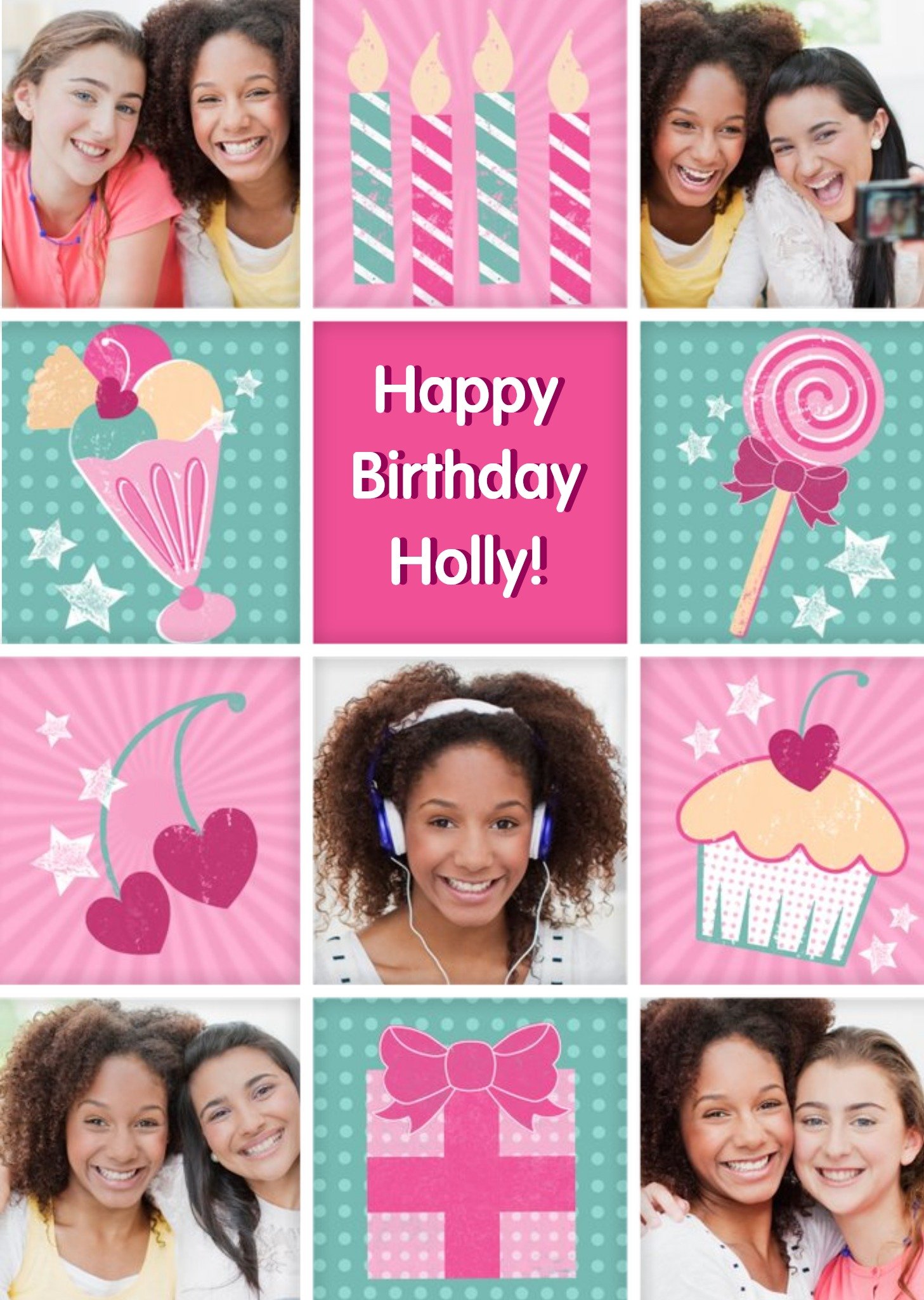Moonpig Girly Ice Cream Sundae Grid Personalised Photo Upload Happy Birthday Card, Large