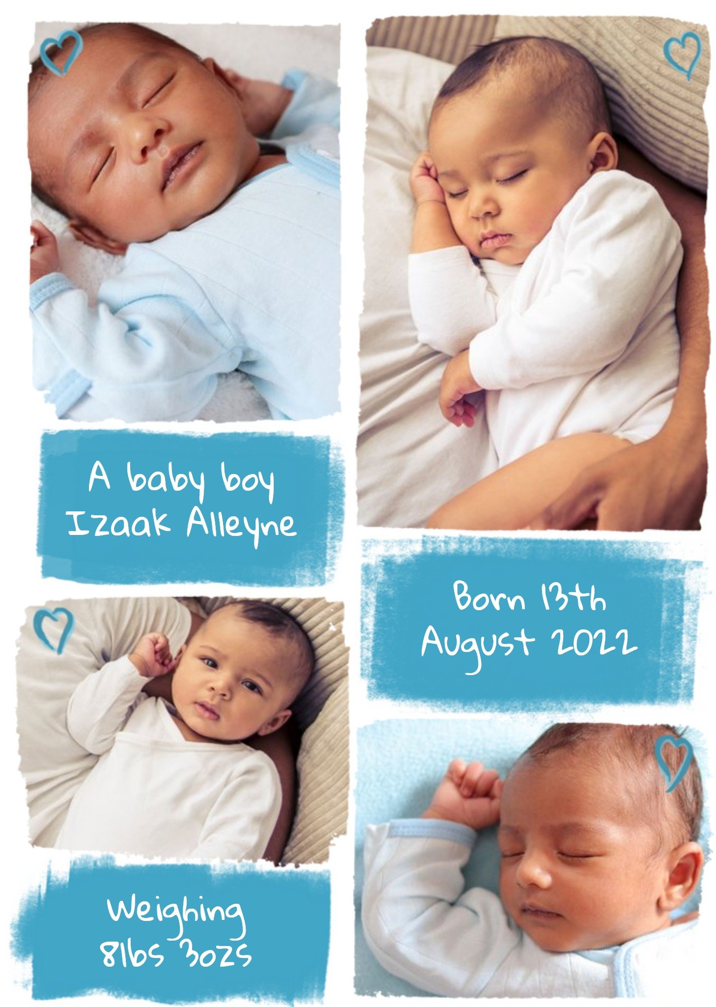 Moonpig Little Hearts Personalised Photo Upload New Baby Boy Card, Large