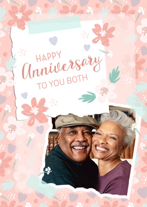 Cute Floral illustrations Happy Anniversary Photo upload Card