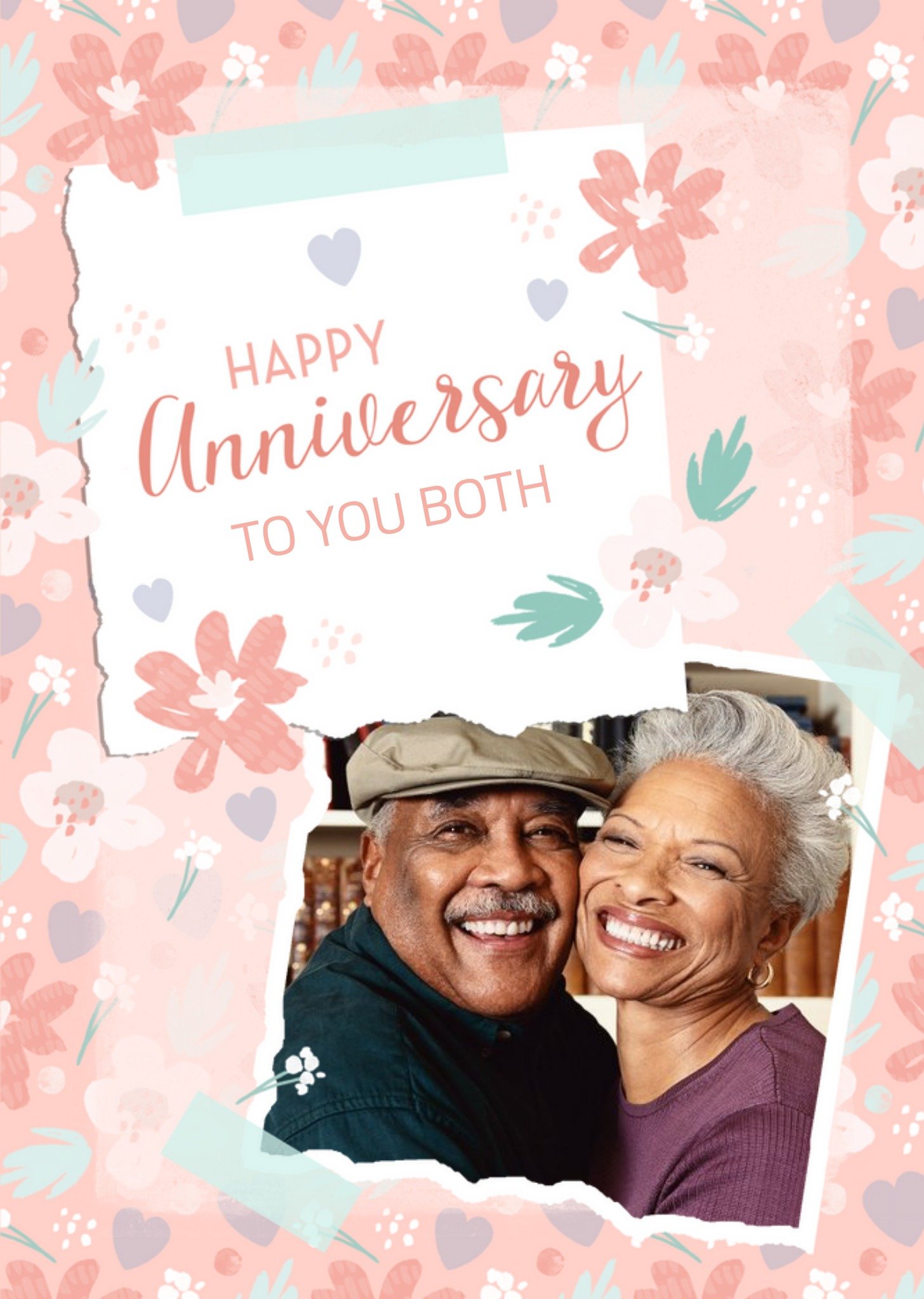 Cute Floral Illustrations Happy Anniversary Photo Upload Card