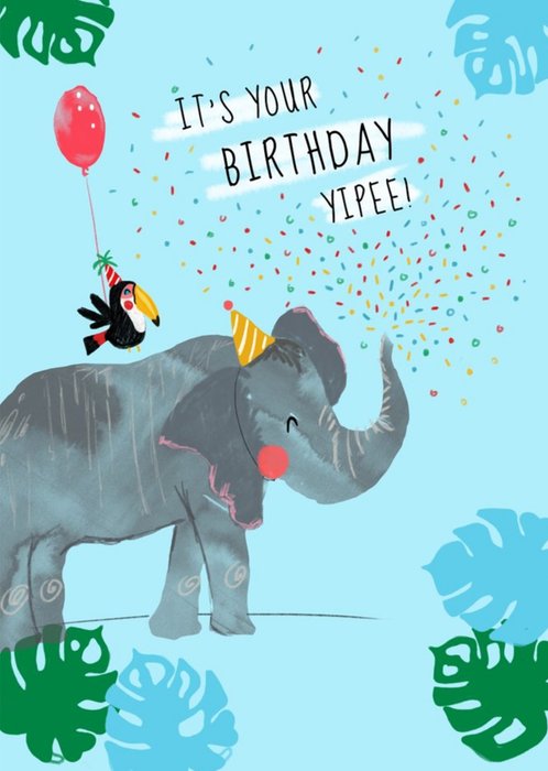 Cute Jungle Animals Elephant Toucan It's Your Birthday Yipee Birthday Card