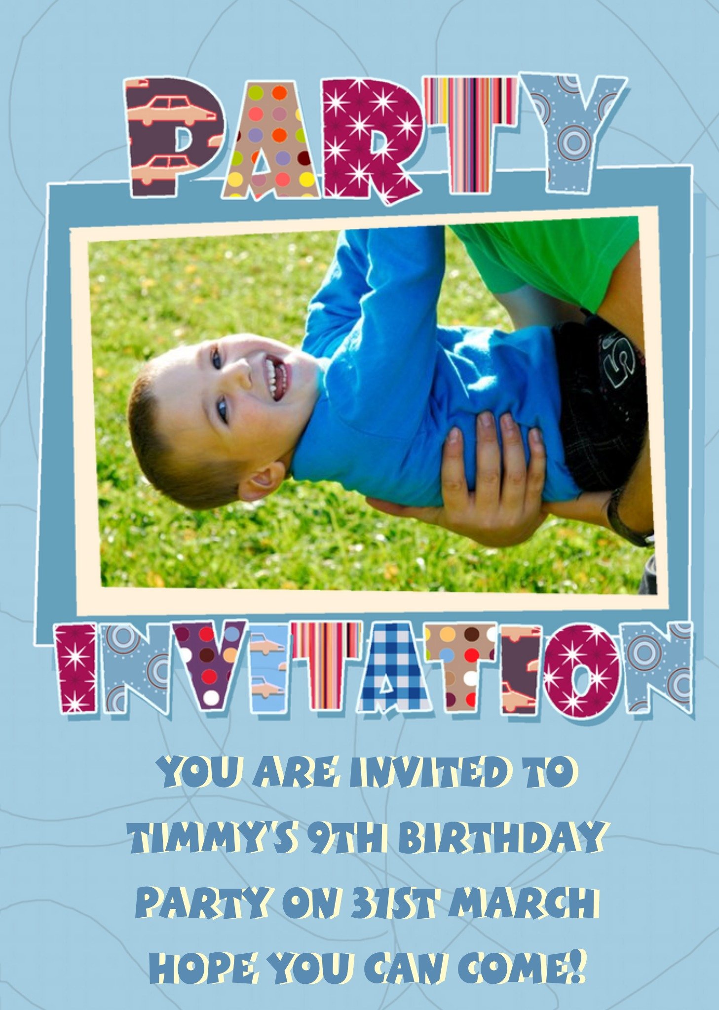 Moonpig Little Boy's Personalised Photo Upload Party Invitation Card, Large