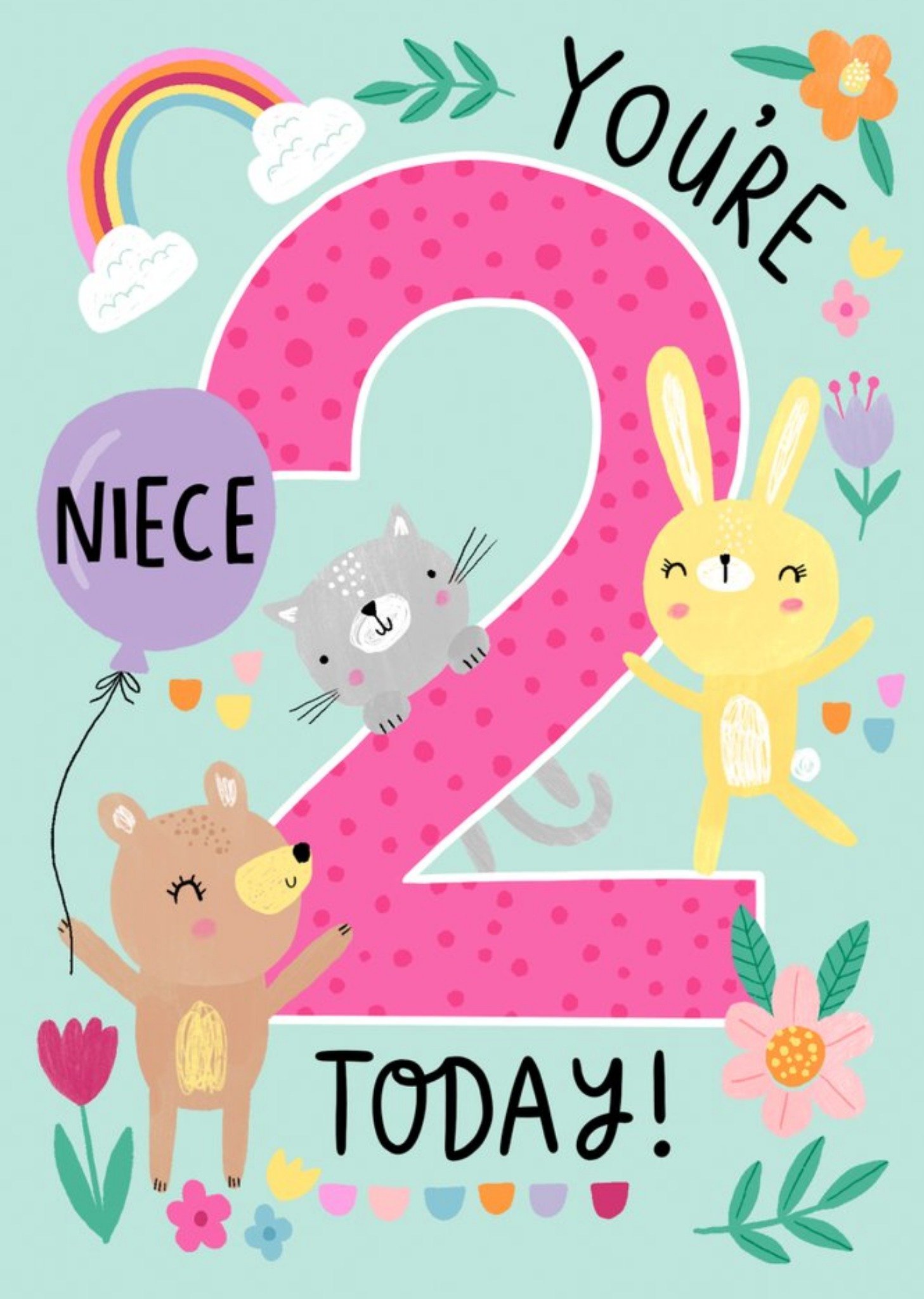 Niece You're 2 Today Cute Quirky Ilustrated Animals Birthday Card Ecard