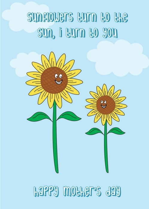Illustration Of Two Smiling Sunflowers Soaring In The Sky Mother's Day Card