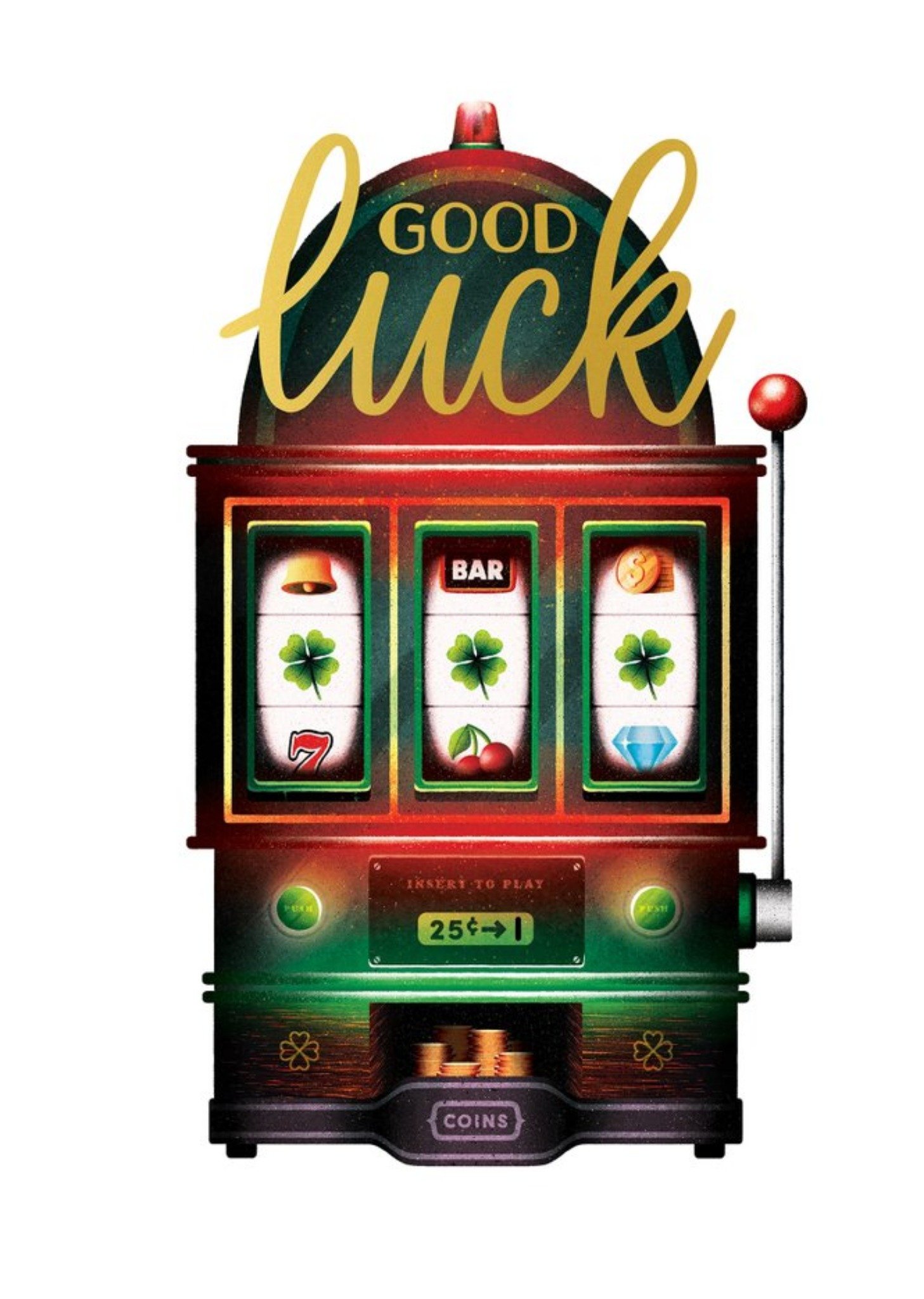 Moonpig Folio Illustrated Slot Machine With Three Four Leaf Clovers Good Luck Ecard