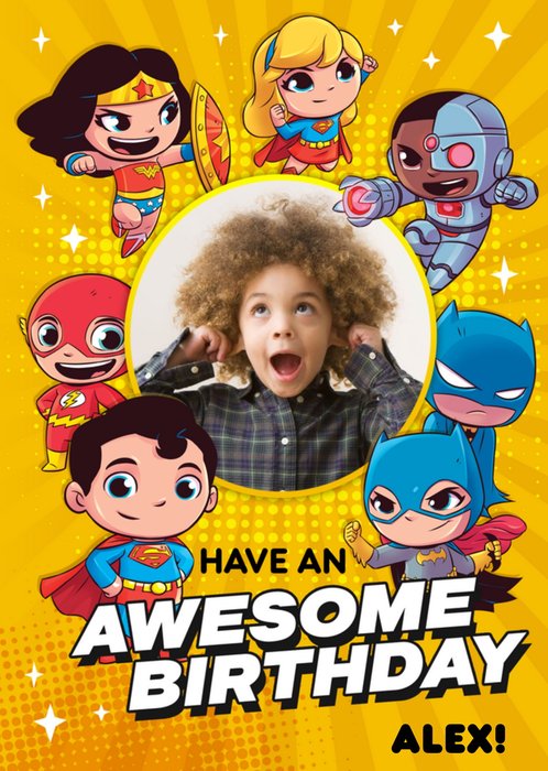 Kids DC Super Friends Awesome Birthday Photo Upload card