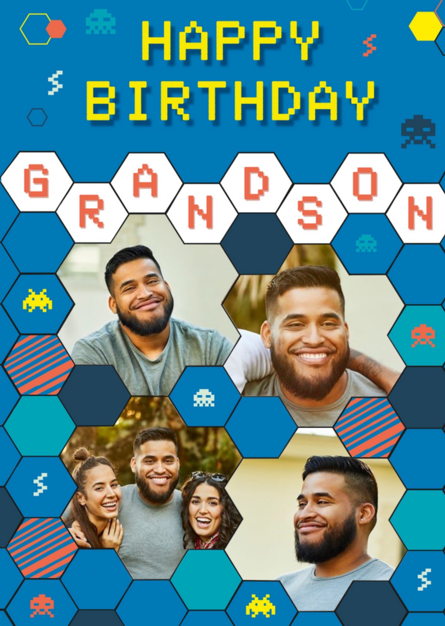 Moonpig Axel Bright Graphic Gaming Happy Birthday Grandson Multi Photo Upload Card, Large