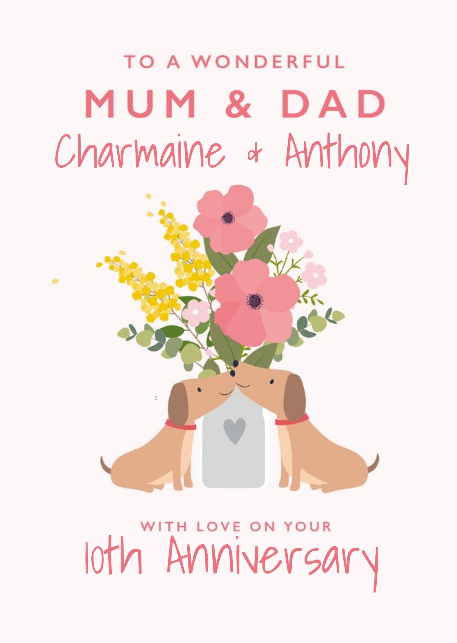 Cute Sausage Dog Floral Mum & Dad Anniversary Card Ecard