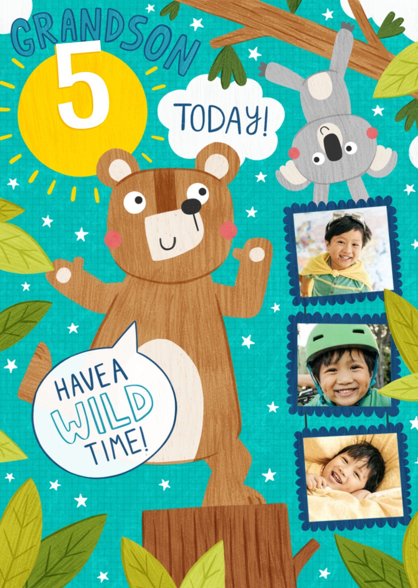 Fun Illustration Of A Bear And A Koala With Three Photo Upload's Grandson's Birthday Card Ecard