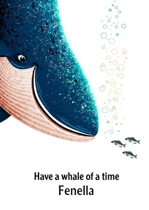 Beautiful Illustration Of Blue Whale Smiling Down At Some Small Fish Personalised Birthday Card