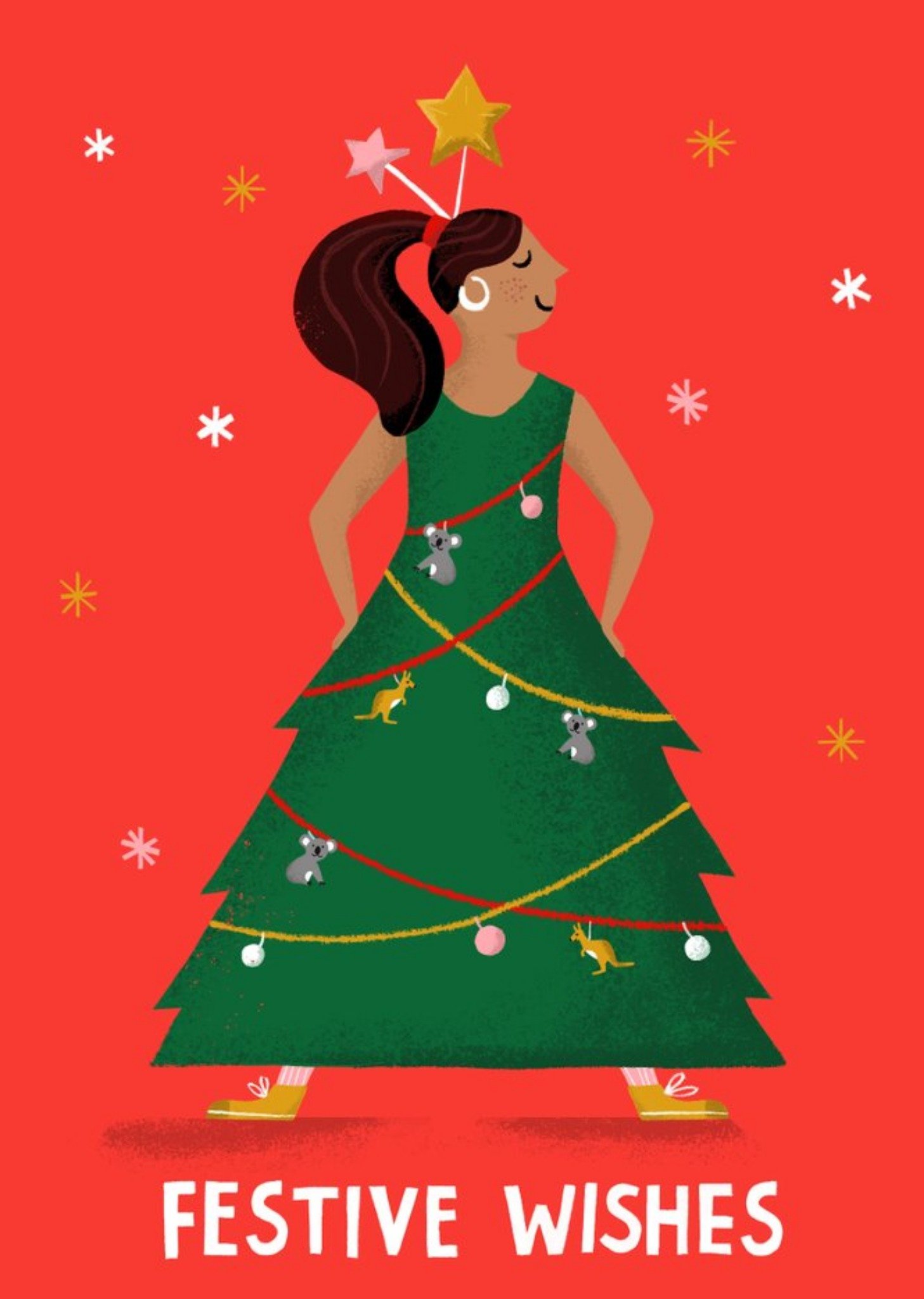 Sinead Hanley Illustrated Character In Tree Costume Christmas Card Ecard