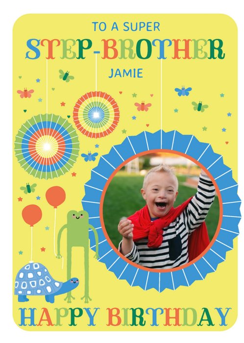 Hola Happy Illustrated To A Super Step-Brother Photo Upload Birthday Card