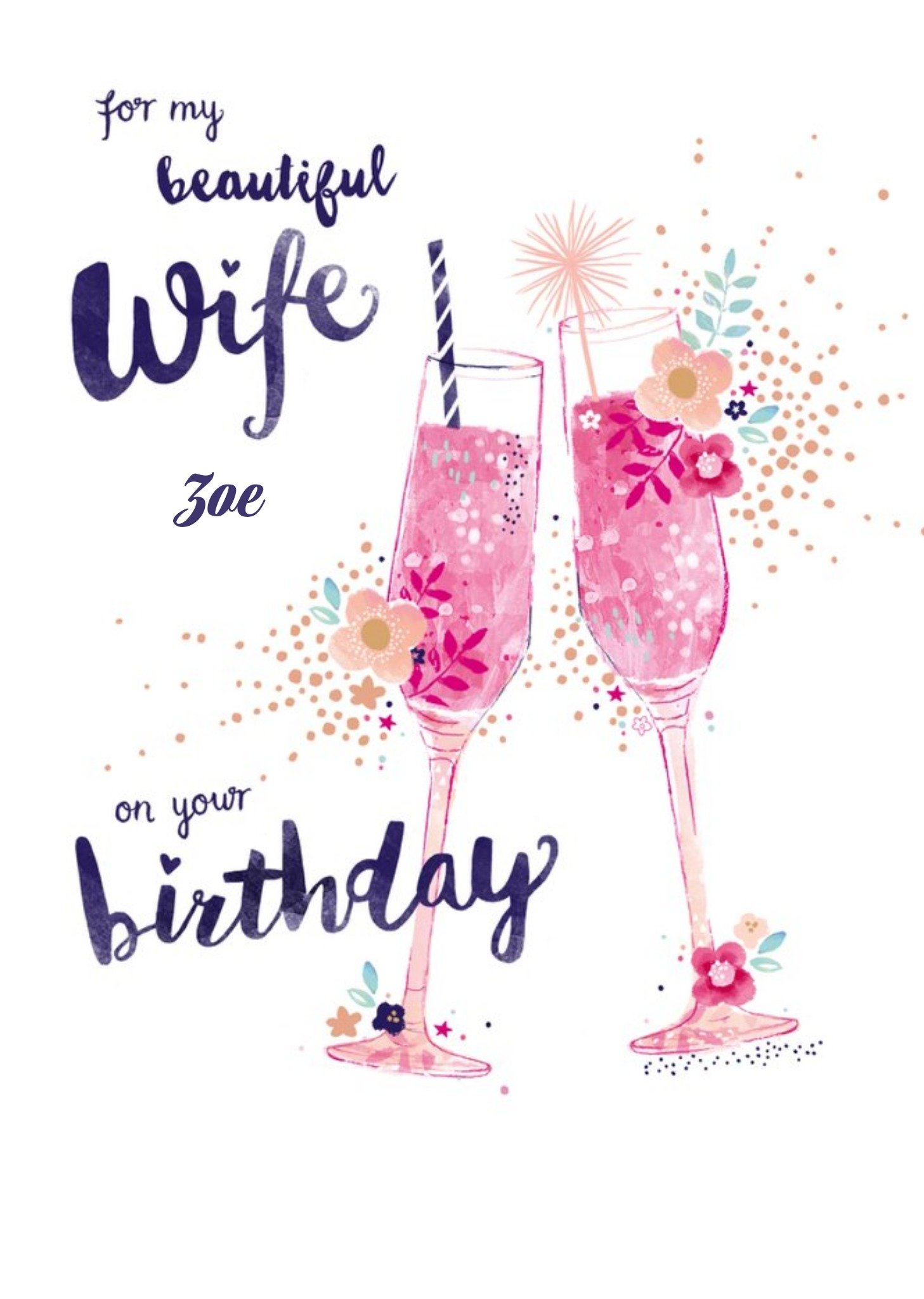 Hotchpotch Illustrated Pink Wife Champagne Floral Birthday Card Ecard