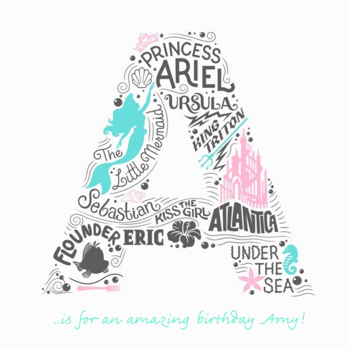Disney The Little Mermaid A Is For Typographic Design Personalised Birthday Card