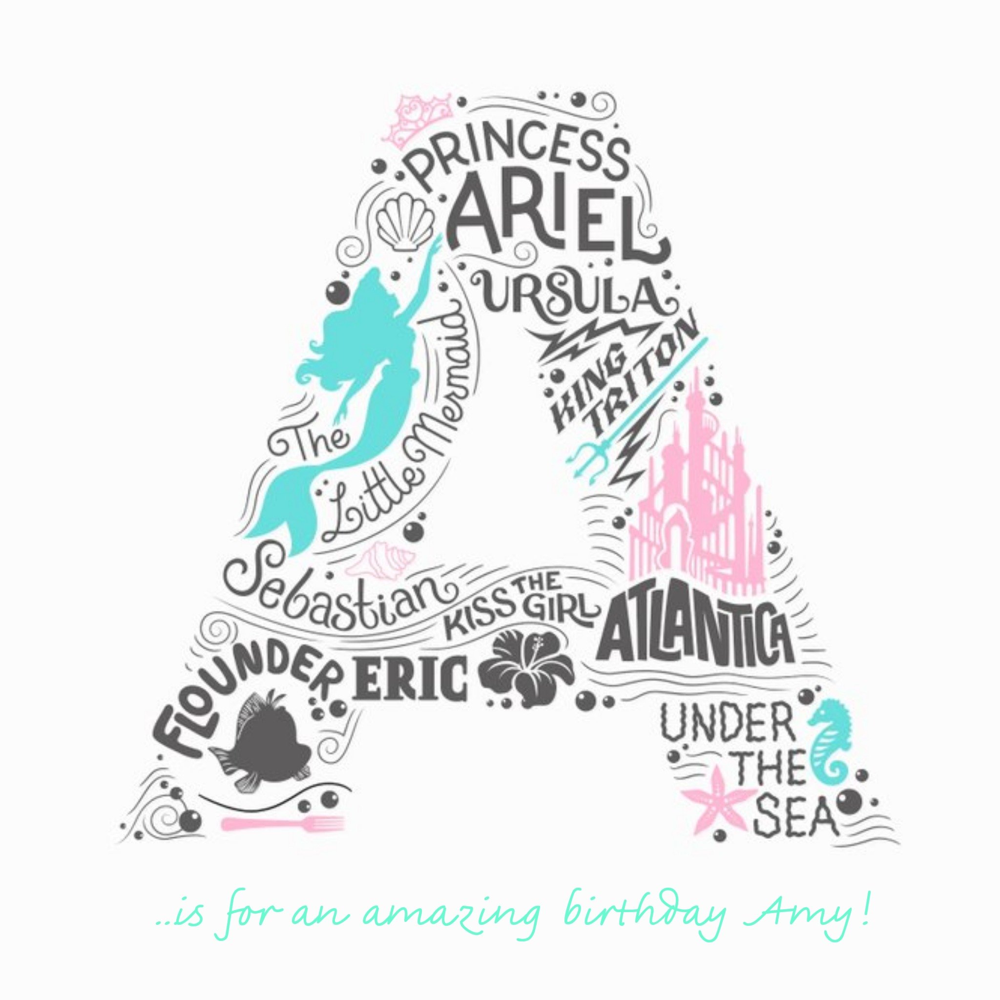 Disney The Little Mermaid A Is For Typographic Design Personalised Birthday Card, Square