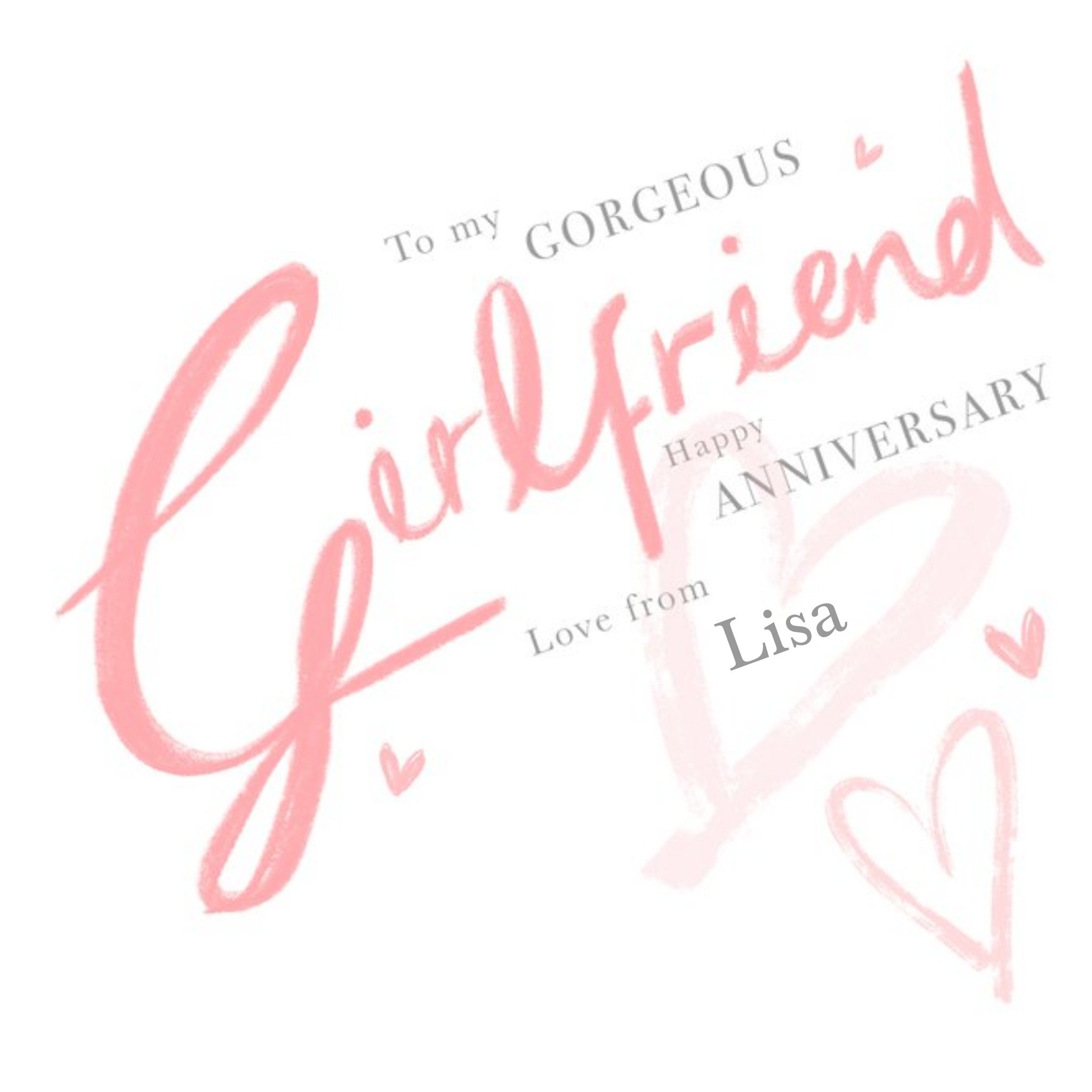 Love Hearts Millicent Venton Illustrated Pink Girlfriend Lettering Anniversary Card, Square