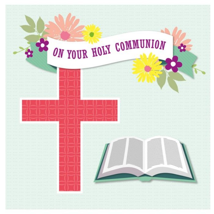 On Your Holy Communion Cross Bible Floral Card