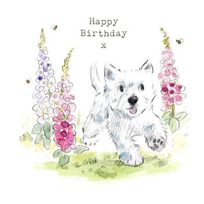 Illustration Of A Cute Dog Running Among Flowers Birthday Card