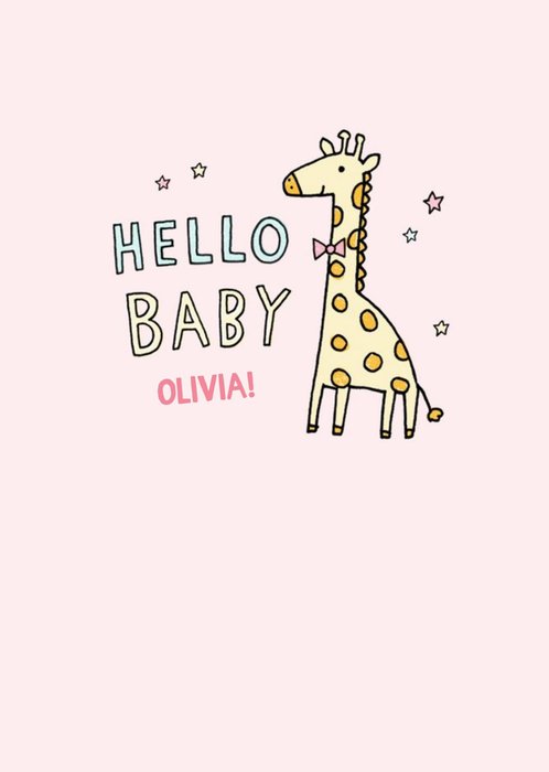 Illustrated Giraffe Surrounded By Stars. Hello Baby, New Baby Girl Card