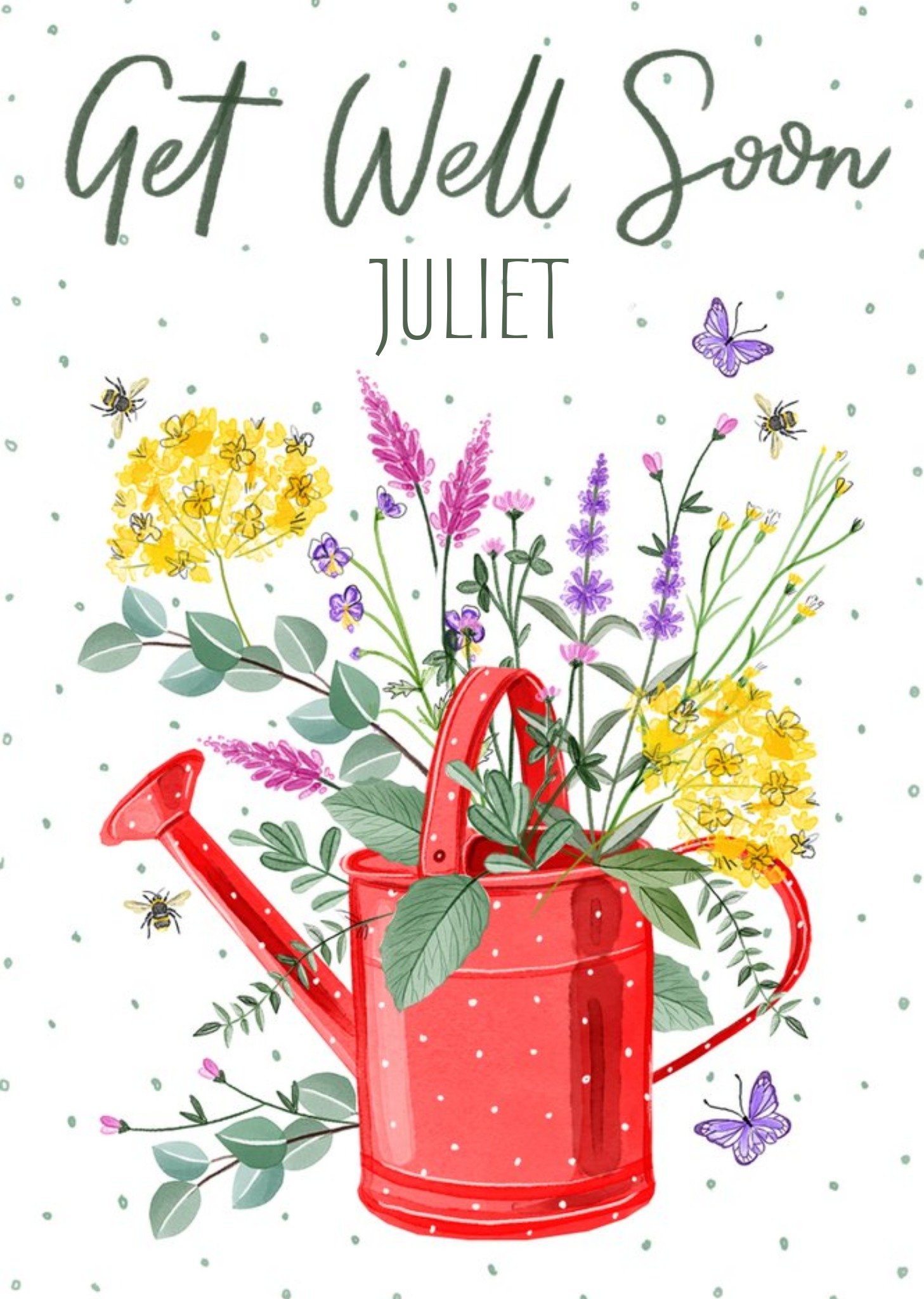 Okey Dokey Design Illustrated Flowers In Watering Can Customisable Get Well Soon Card