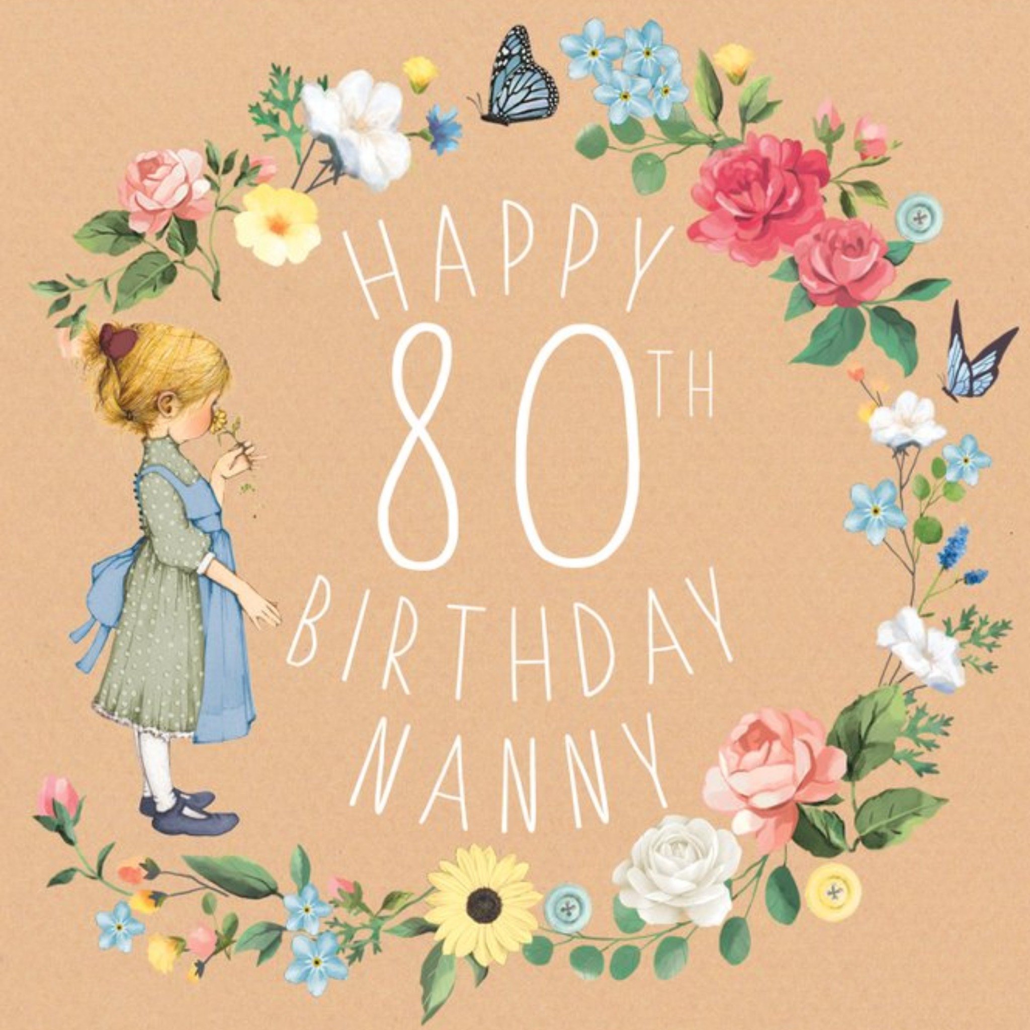 Moonpig Clintons Nanny Illustrated Floral 80th Birthday Card, Square
