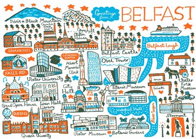 Vibrant Collage Illustration Of Famous Belfast Landmarks Greetings From Belfast Card