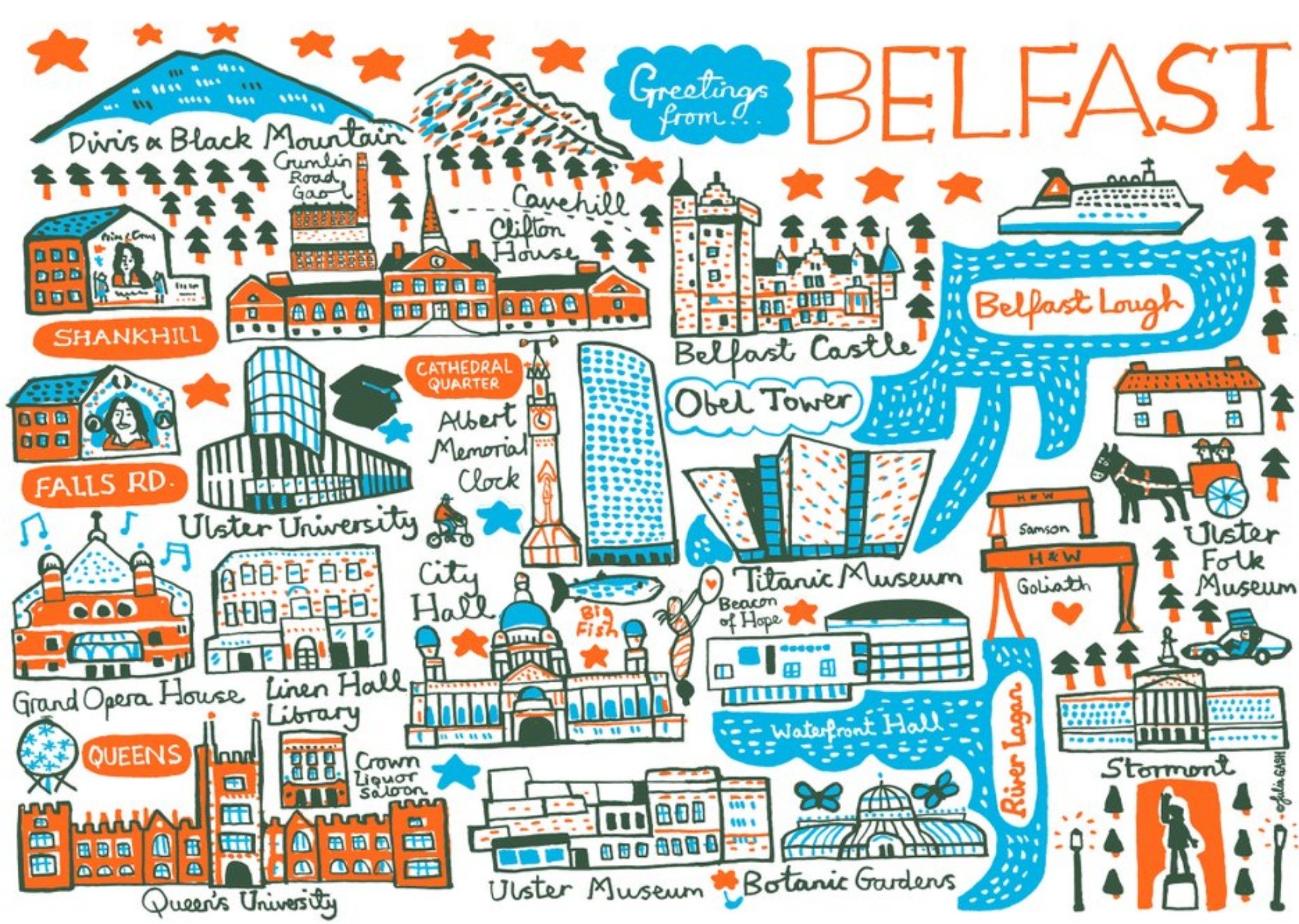 Vibrant Collage Illustration Of Famous Belfast Landmarks Greetings From Belfast Card Ecard