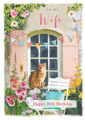 Illustration Of A Cat Sitting On A Window Sill Surrounded By Flowers Wife's Eightieth Birthday Card